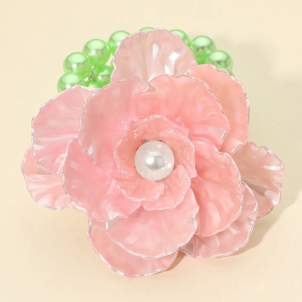 Pink Green Pearl Flower 4.25 Inch Stretch Bracelet Statement Jewelry - Picture 2 of 5